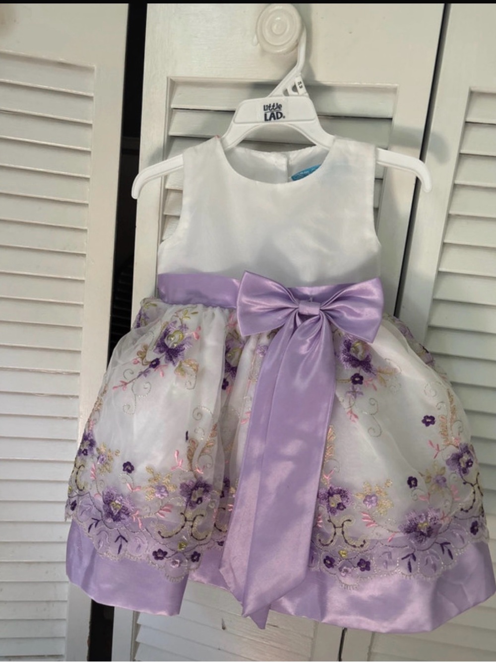 Girls' White & Lavender Floral Embroidered Party Dress with Satin Bow